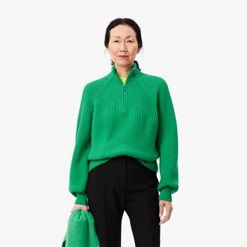 Zipped Wool Shaker Rib Knit Sweater