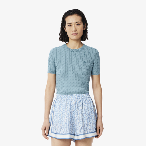 Washed Effect Cable Knit Sweater