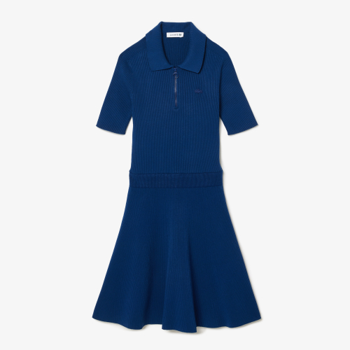 Zipped Polo Collar 3D Ribbed Knit Dress
